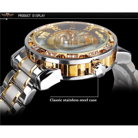 Retro Manual Mechanical Skeleton Watch with Diamond & Carving Flower,SilverBlack - Picture 4 of 6